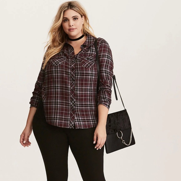 torrid Tops - Torrid : Plaid Lace Camp Shirt Long-sleeve